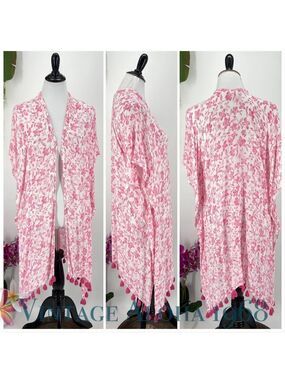 Nordstroms Swim Cover-up Summer Open Front Poncho Pink White Floral